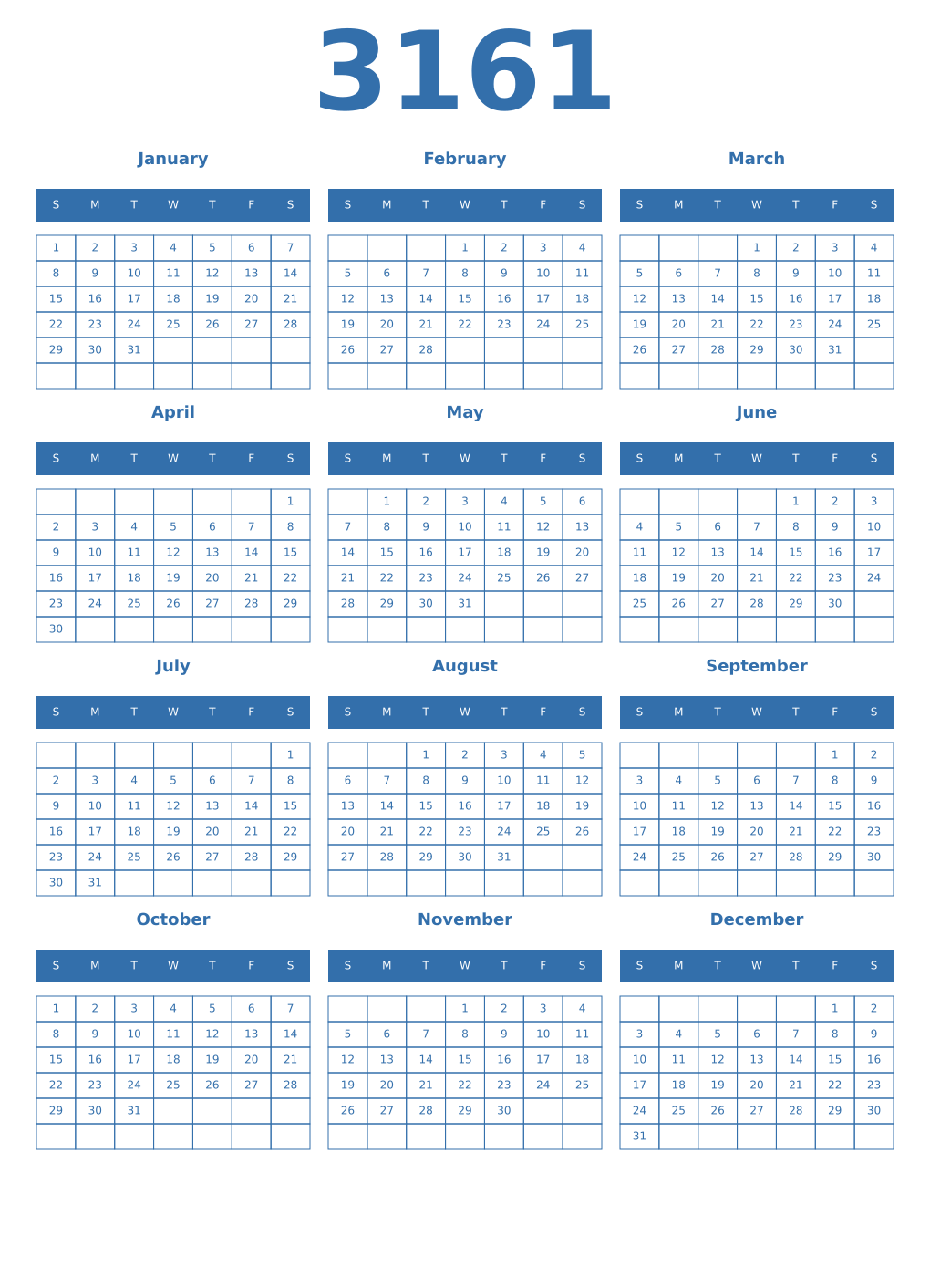 Printable 3161 Year Calendars blue