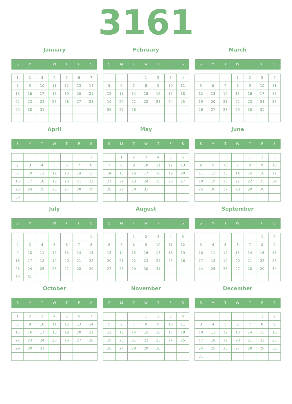 Printable 3161 Year Calendars celadon