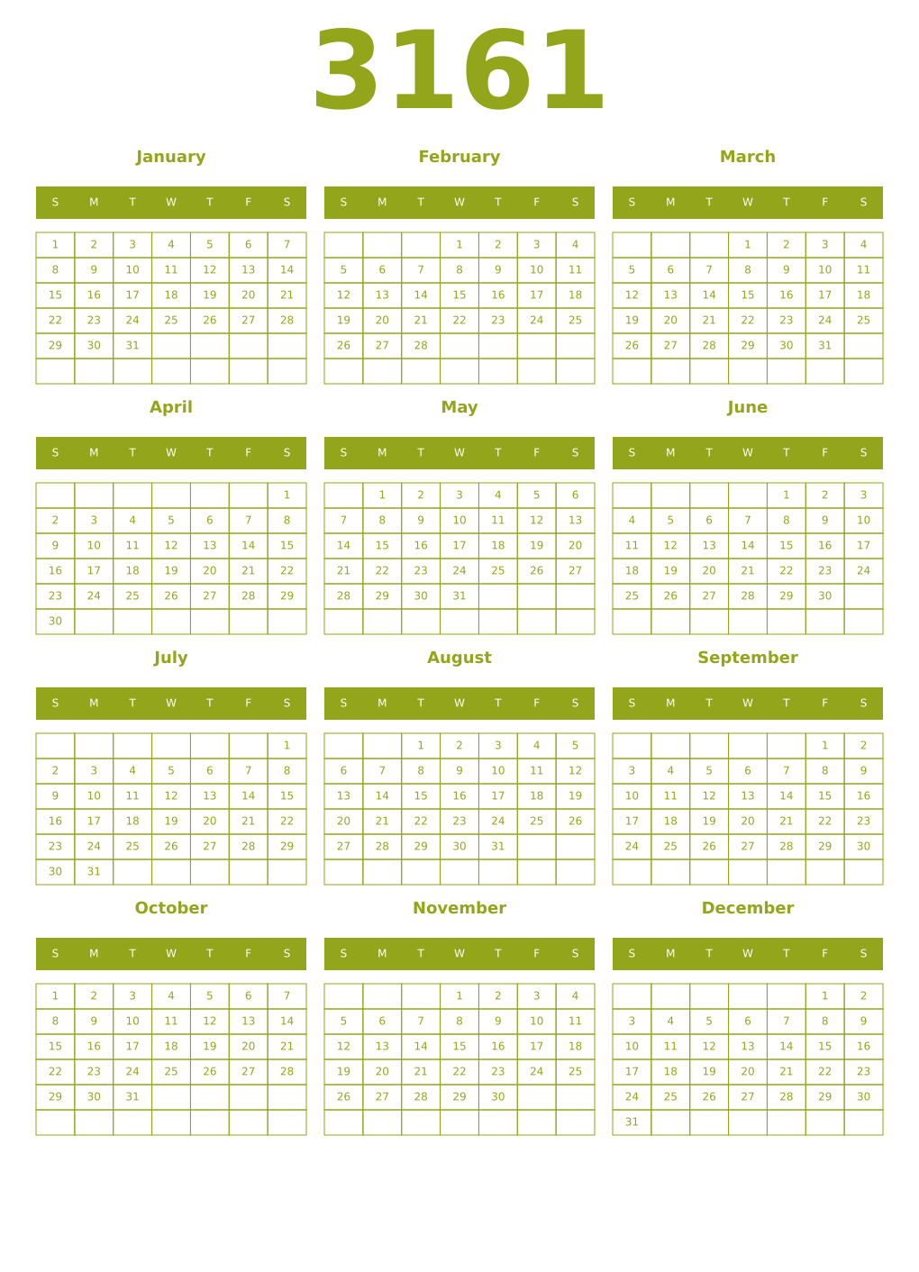 Printable 3161 Year Calendars chartreuse