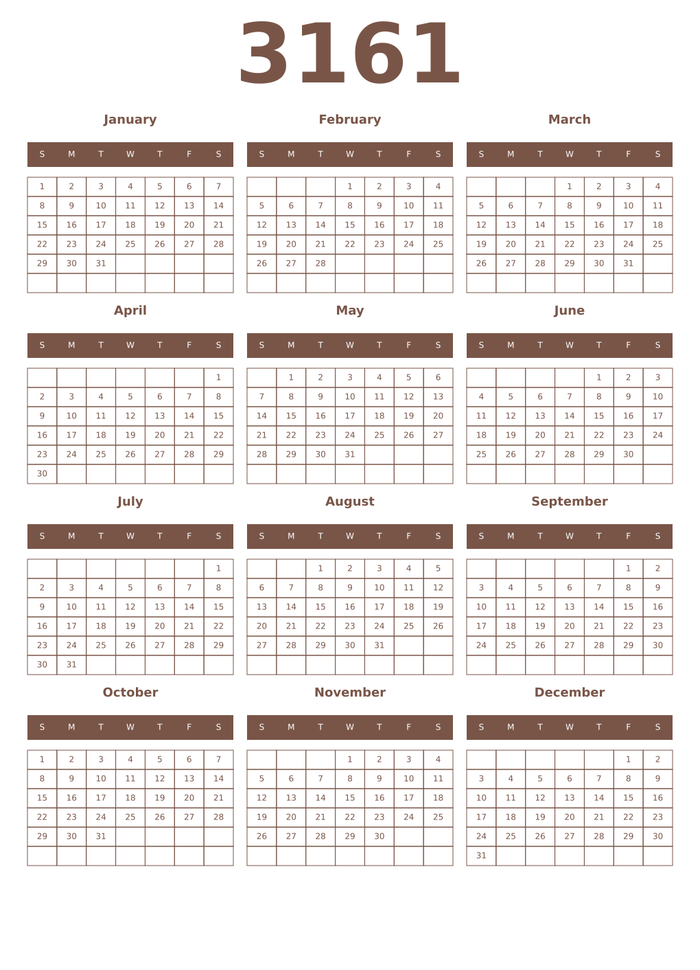 Printable 3161 Year Calendars coffe