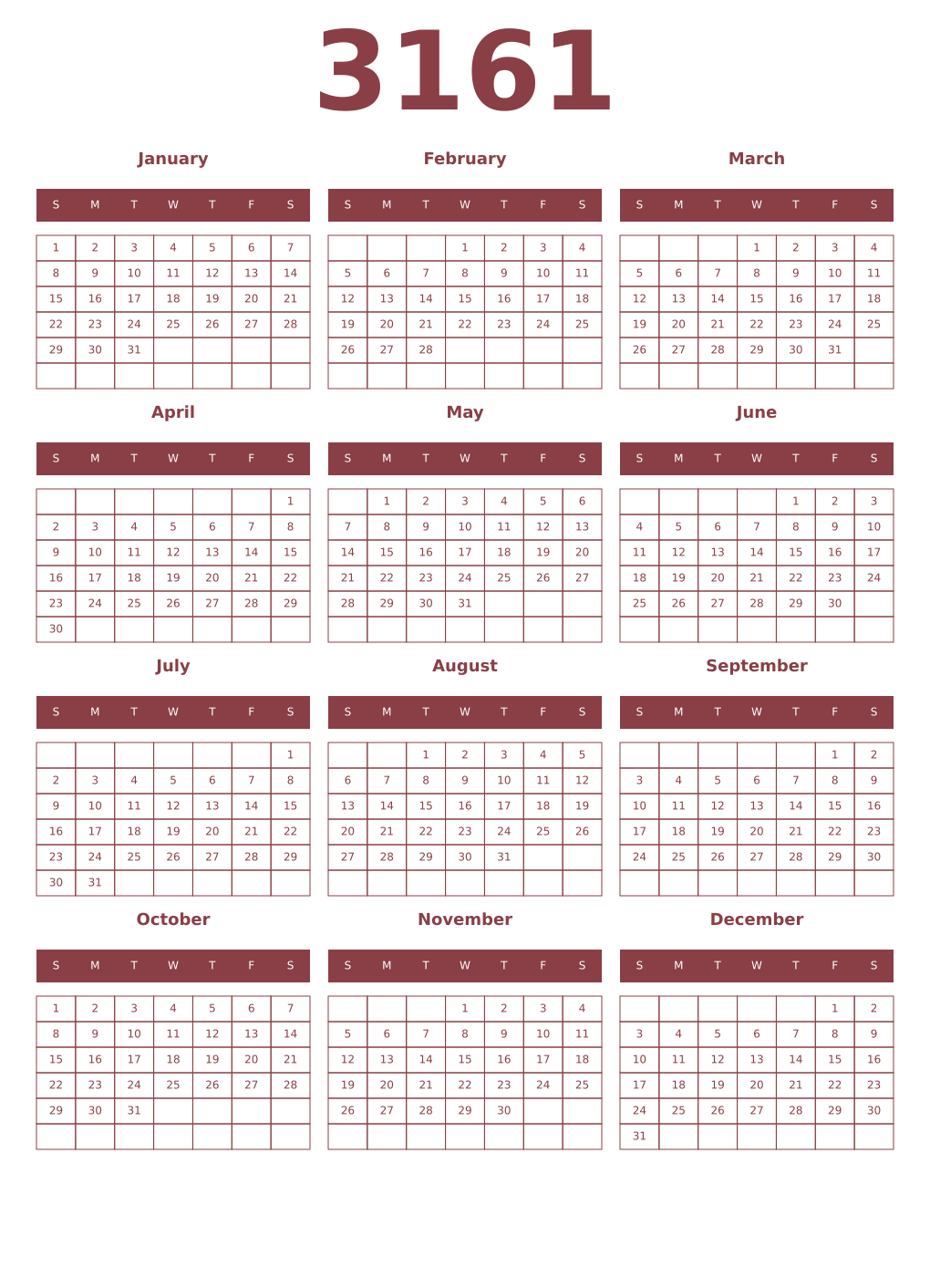 Printable 3161 Year Calendars cordovan