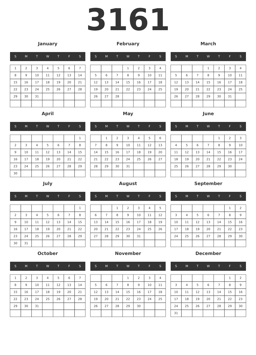 Printable 3161 Year Calendars dark