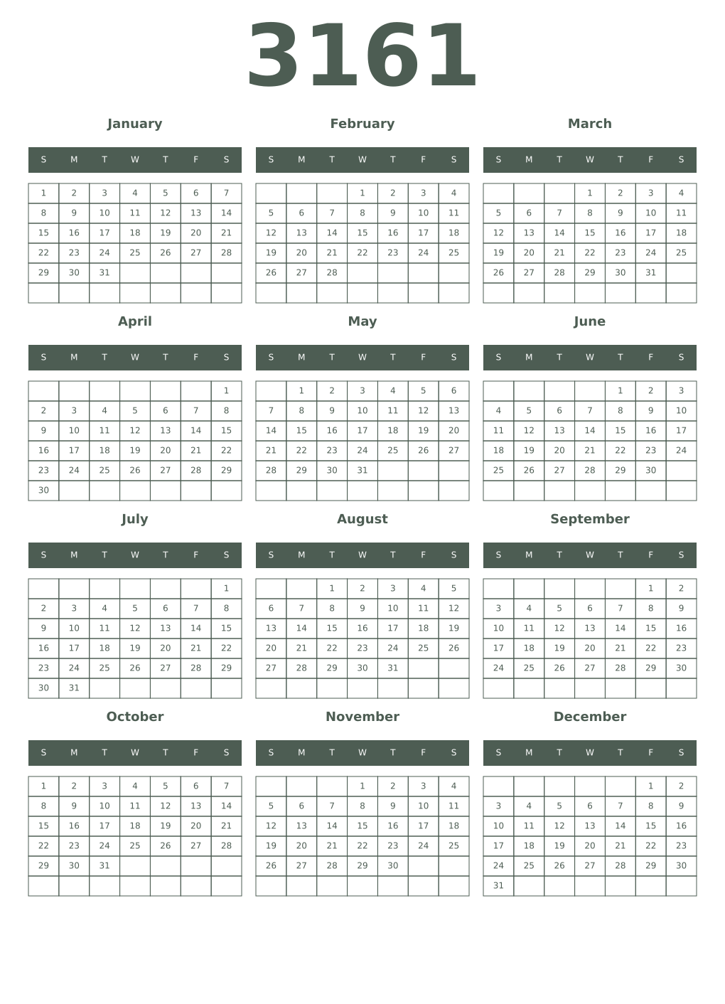 Printable 3161 Year Calendars feldgrau