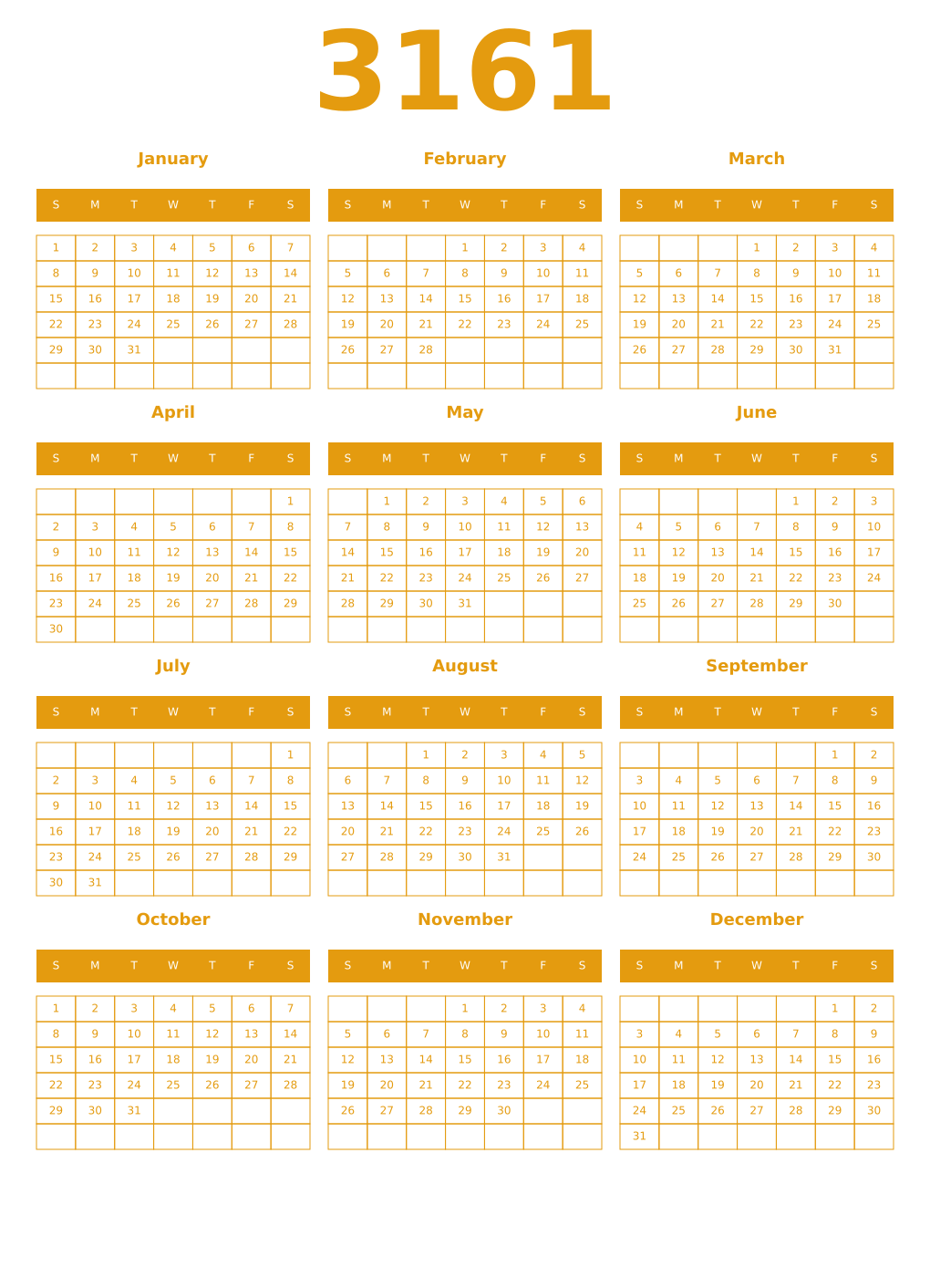 Printable 3161 Year Calendars gamboge