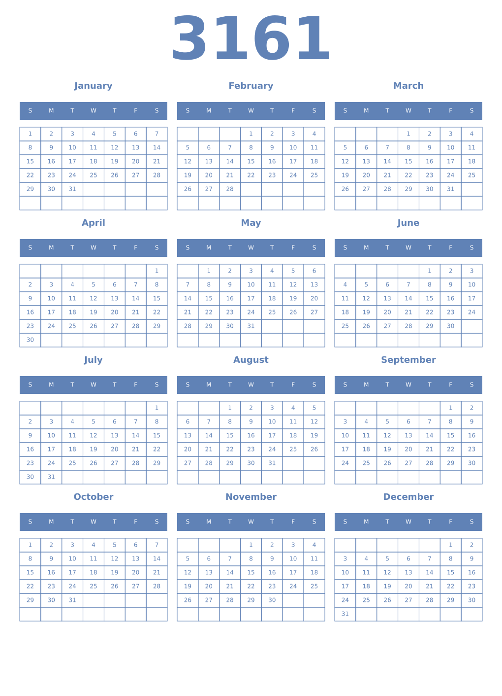 Printable 3161 Year Calendars glaucous