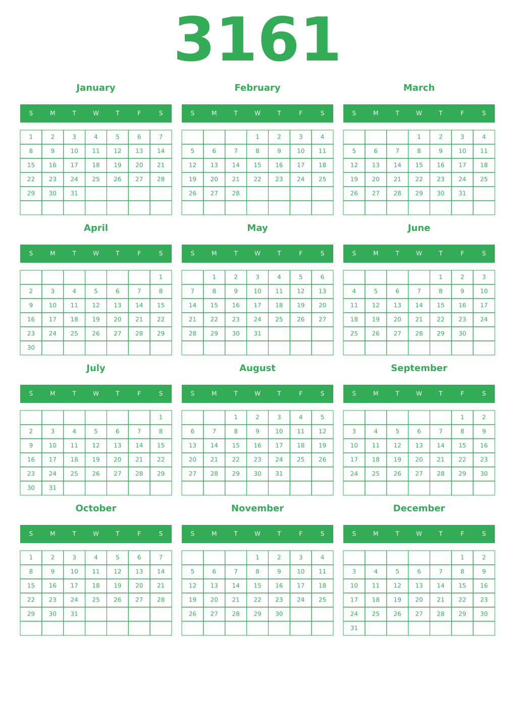 Printable 3161 Year Calendars green