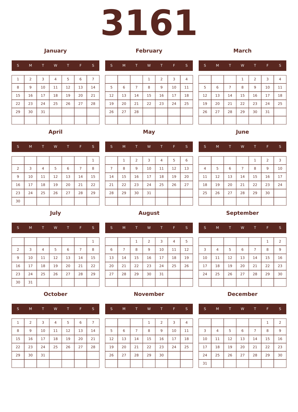 Printable 3161 Year Calendars mortuum
