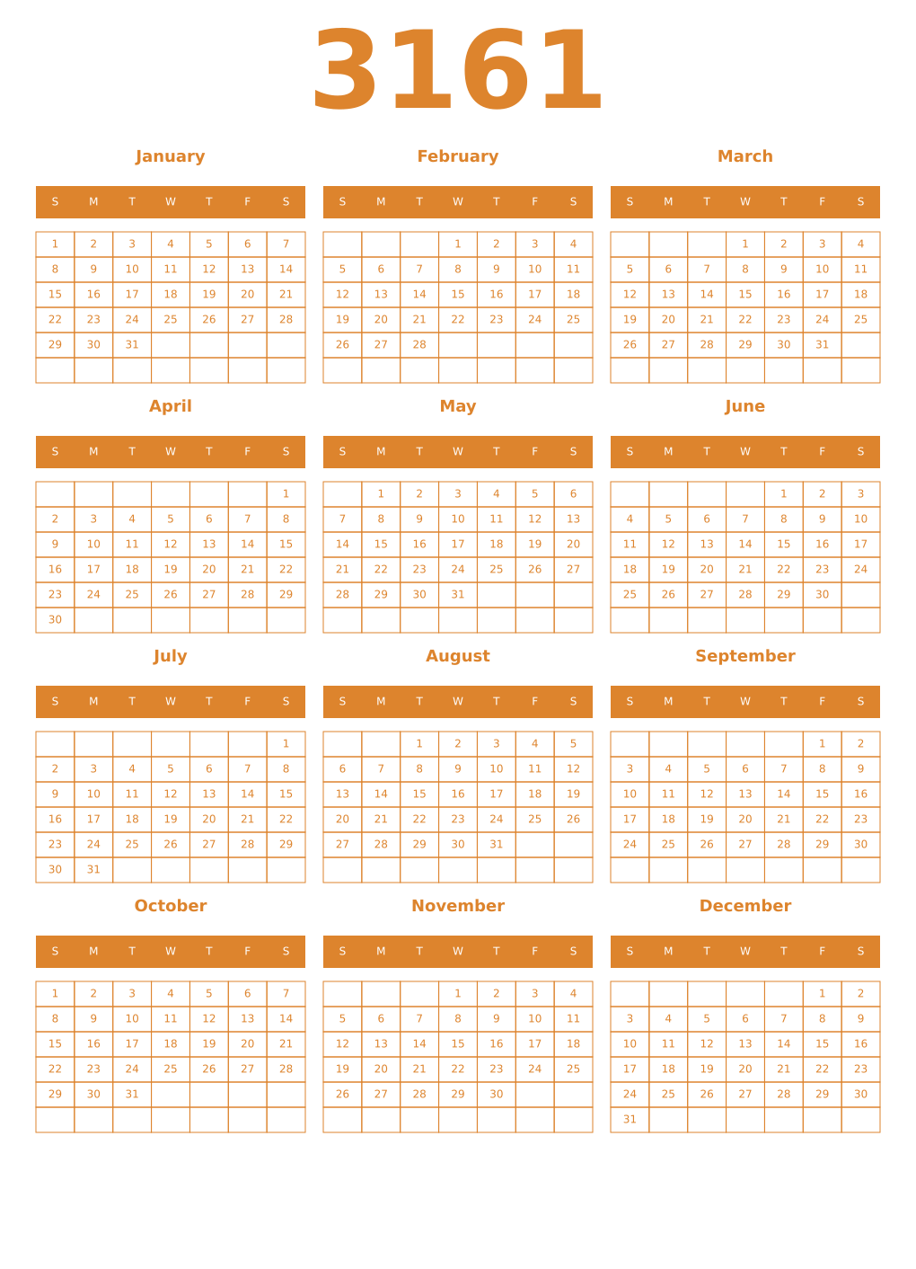 Printable 3161 Year Calendars orange