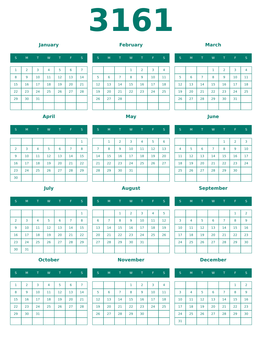 Printable 3161 Year Calendars pastel