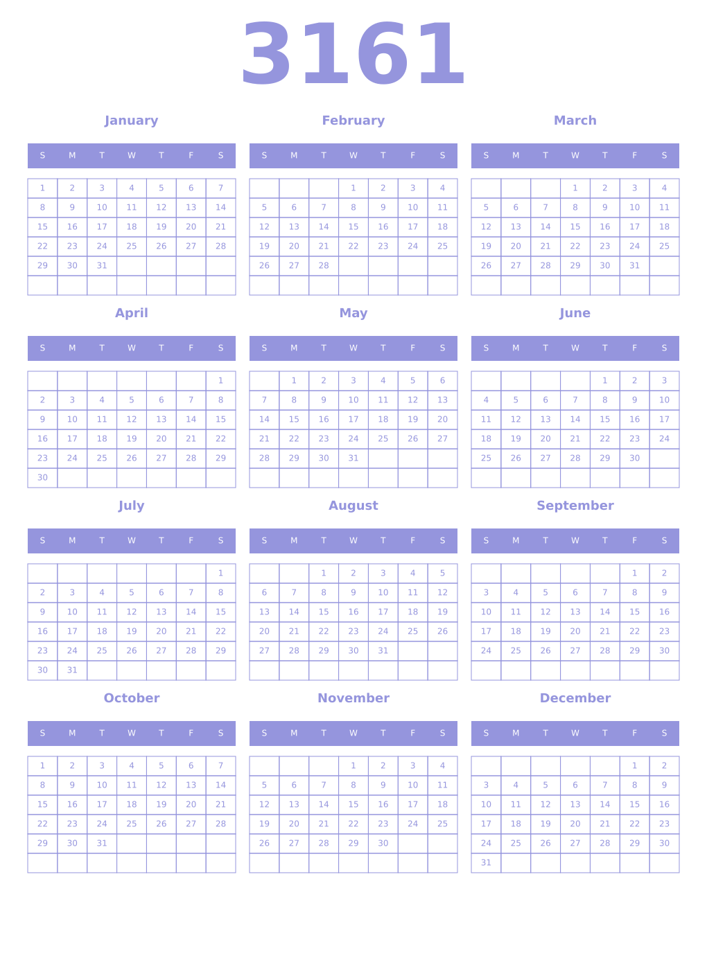 Printable 3161 Year Calendars periwinkle