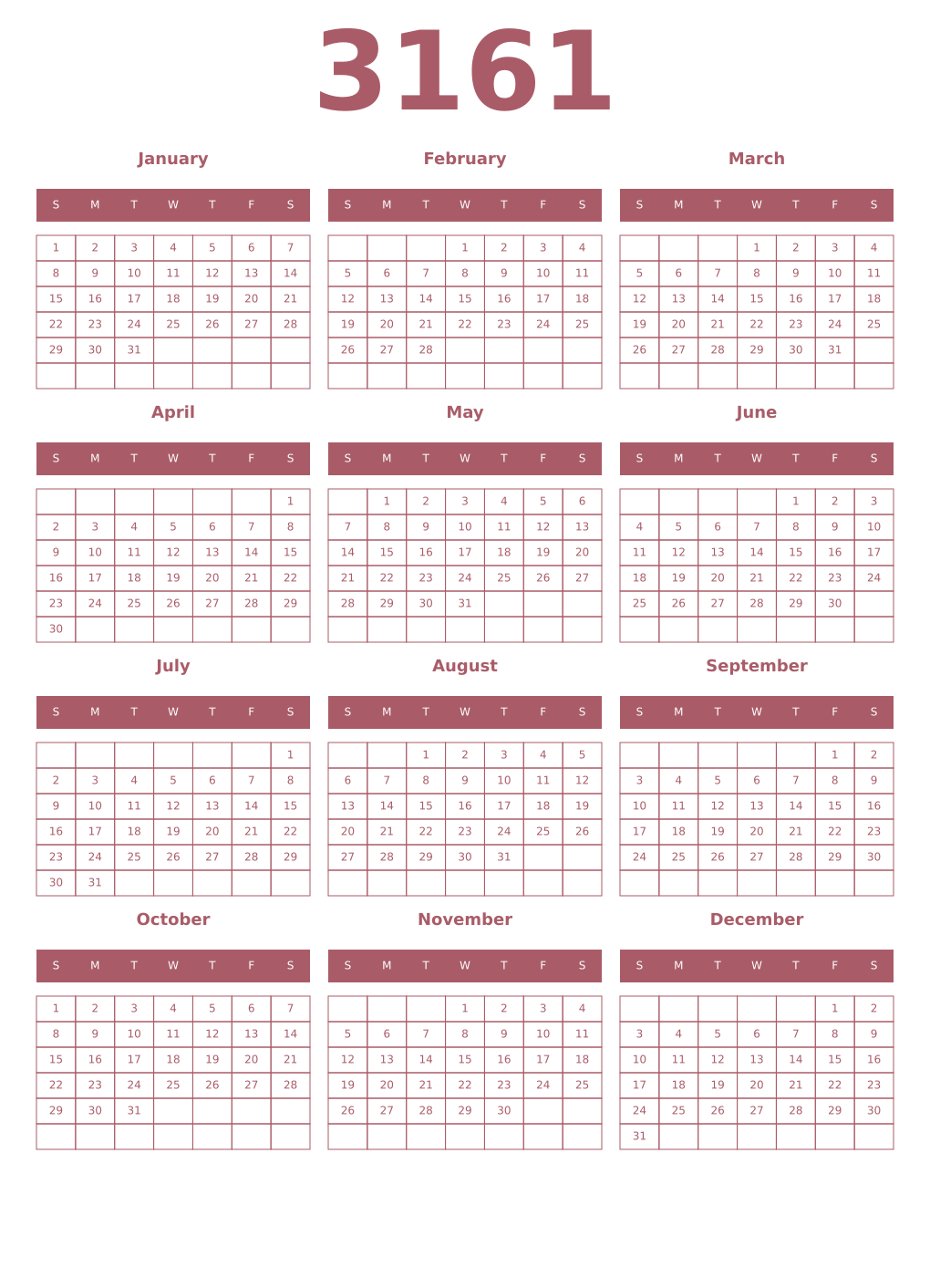 Printable 3161 Year Calendars puce