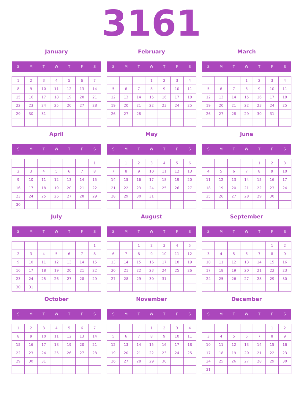Printable 3161 Year Calendars purple