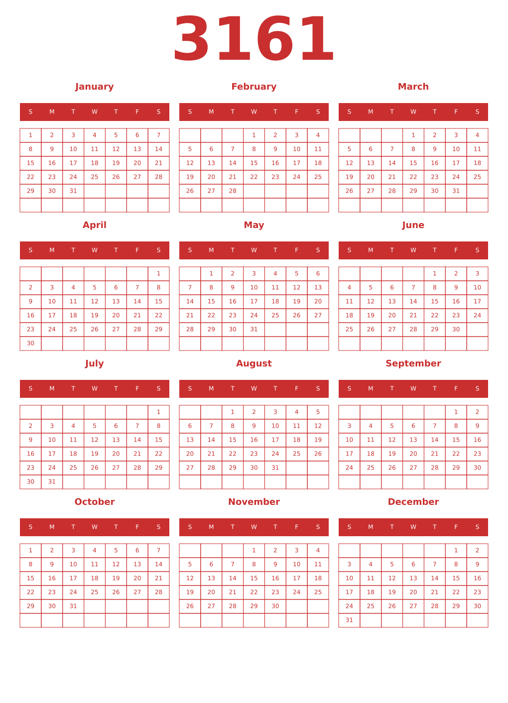 Printable 3161 Year Calendars red