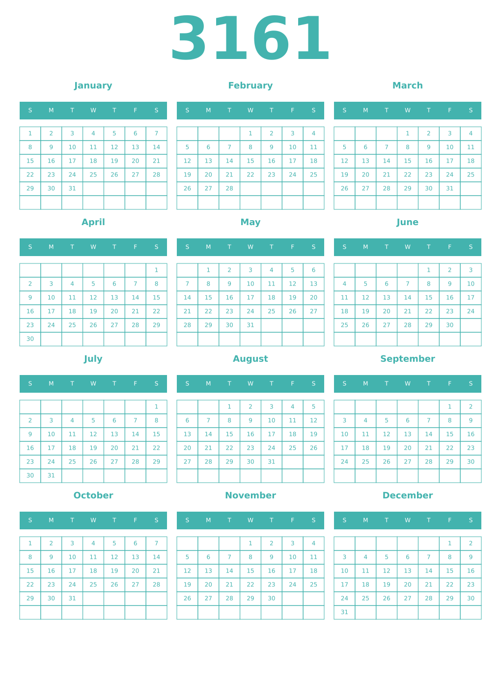 Printable 3161 Year Calendars verdigris