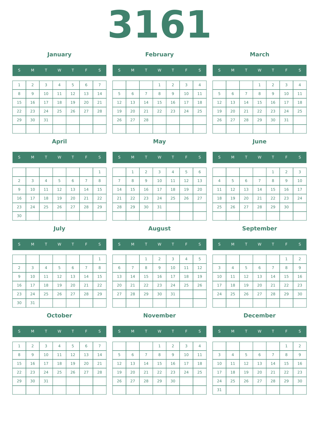 Printable 3161 Year Calendars viridian