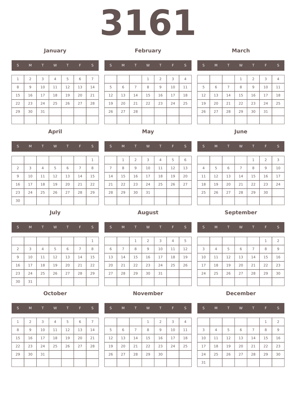 Printable 3161 Year Calendars wenge