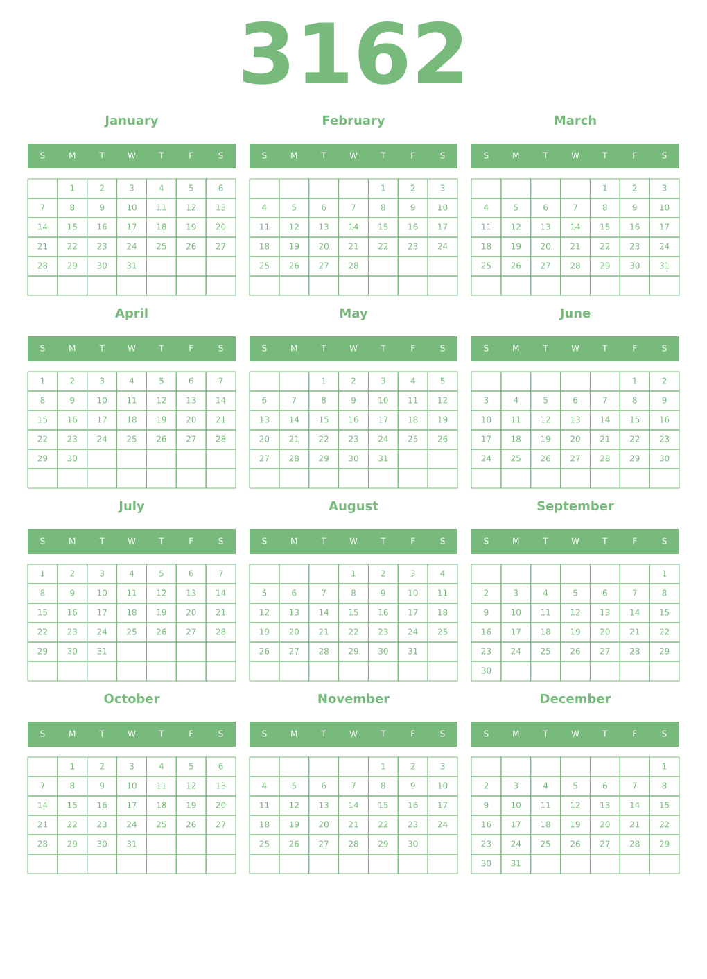 Printable 3162 Year Calendars celadon