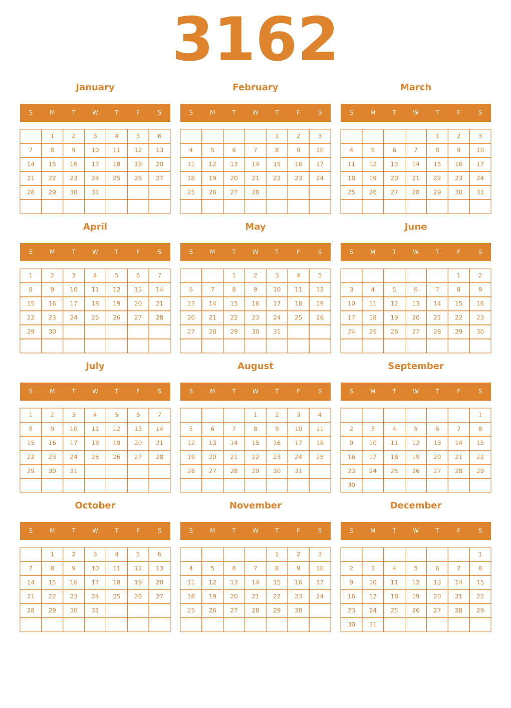 Printable 3162 Year Calendars orange