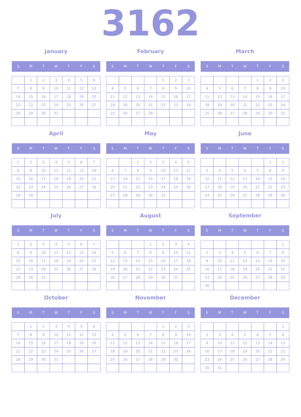 Printable 3162 Year Calendars periwinkle