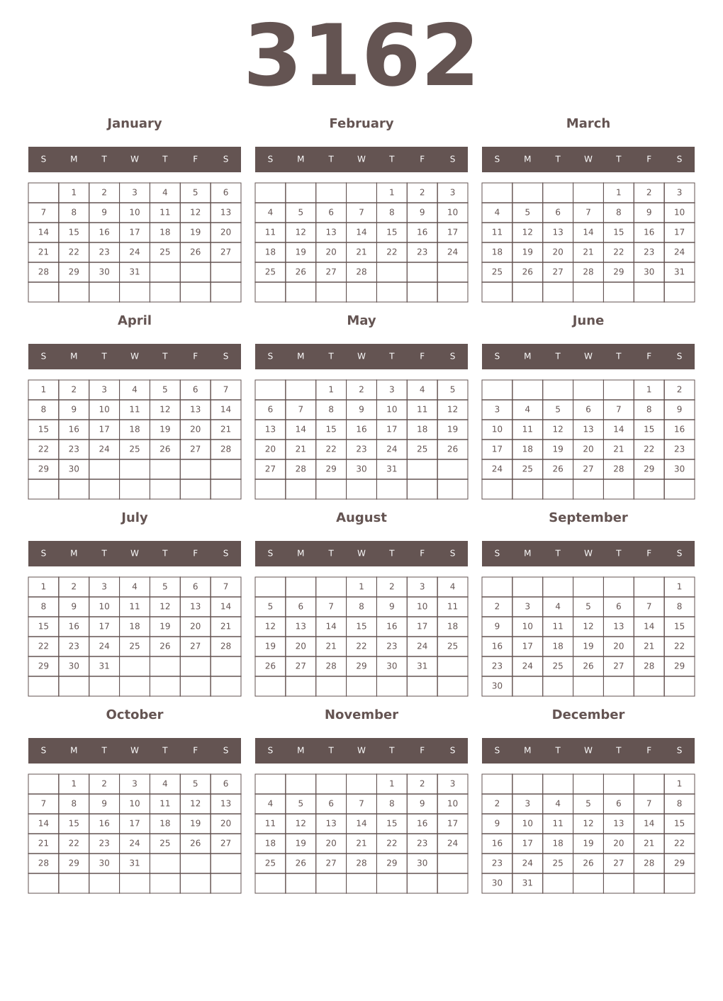 Printable 3162 Year Calendars wenge