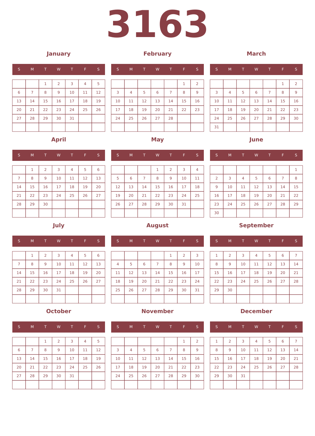 Printable 3163 Year Calendars cordovan