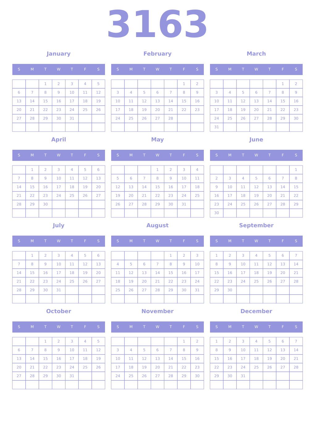 Printable 3163 Year Calendars periwinkle