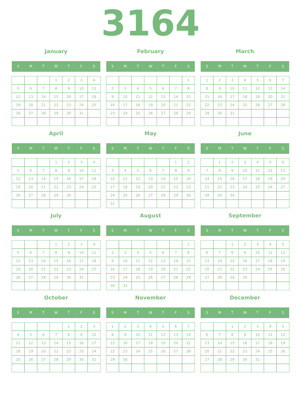 Printable 3164 Year Calendars celadon