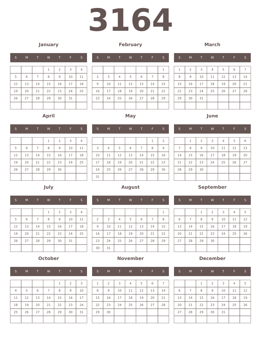 Printable 3164 Year Calendars wenge