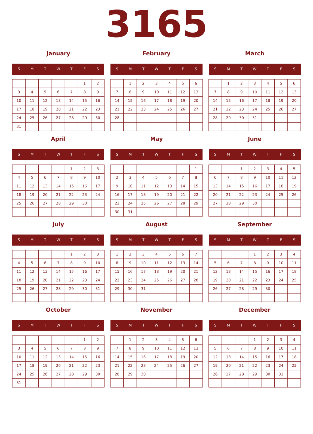 Printable 3165 Year Calendars falu