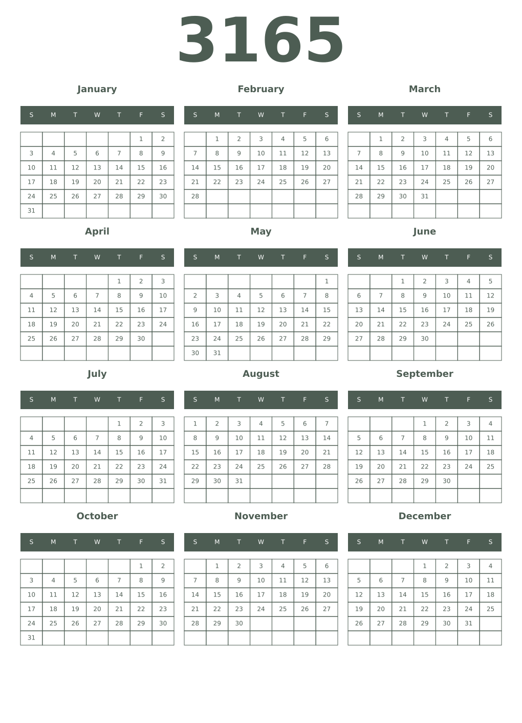 Printable 3165 Year Calendars feldgrau