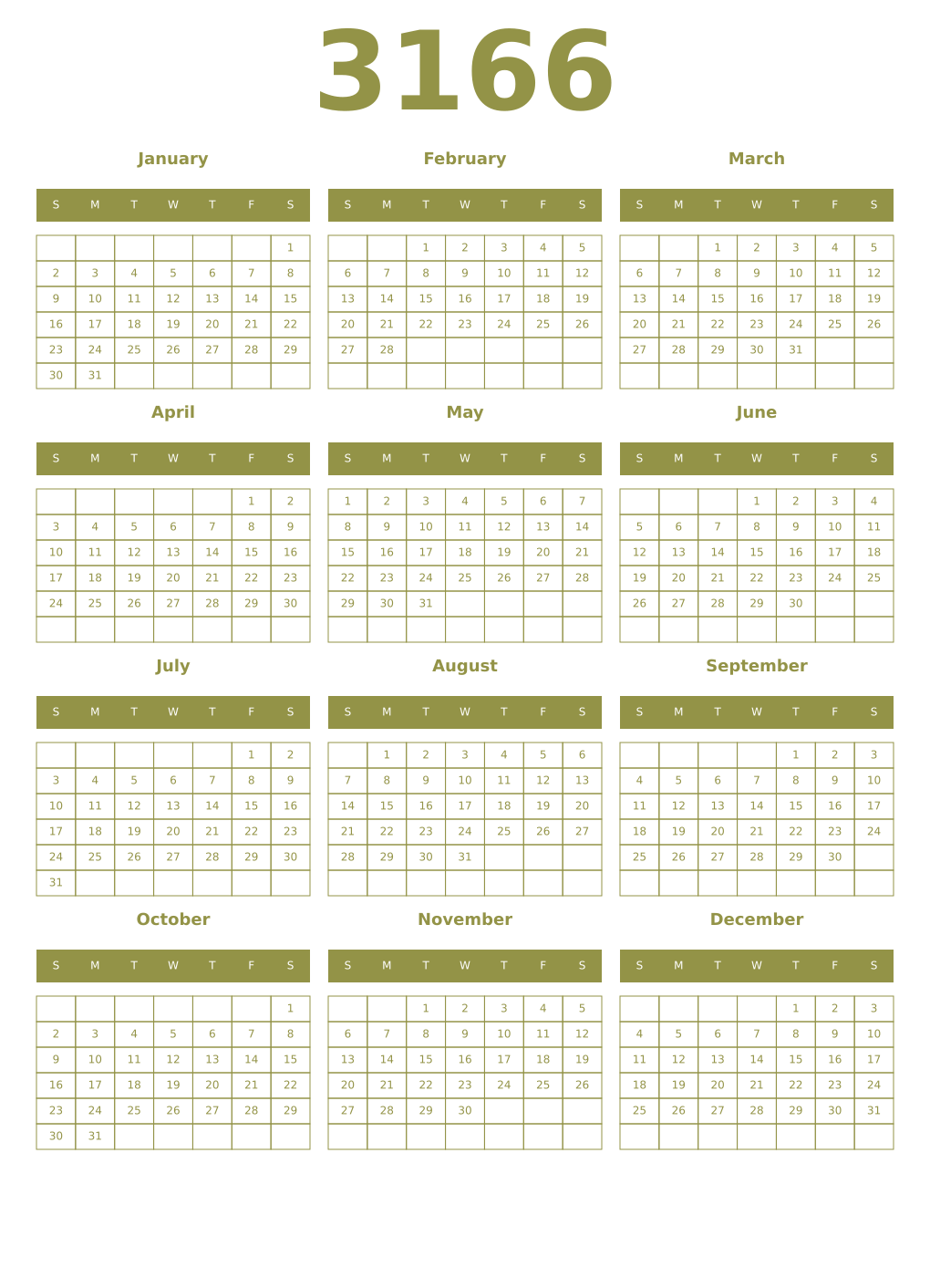 Printable 3166 Year Calendars eburnean