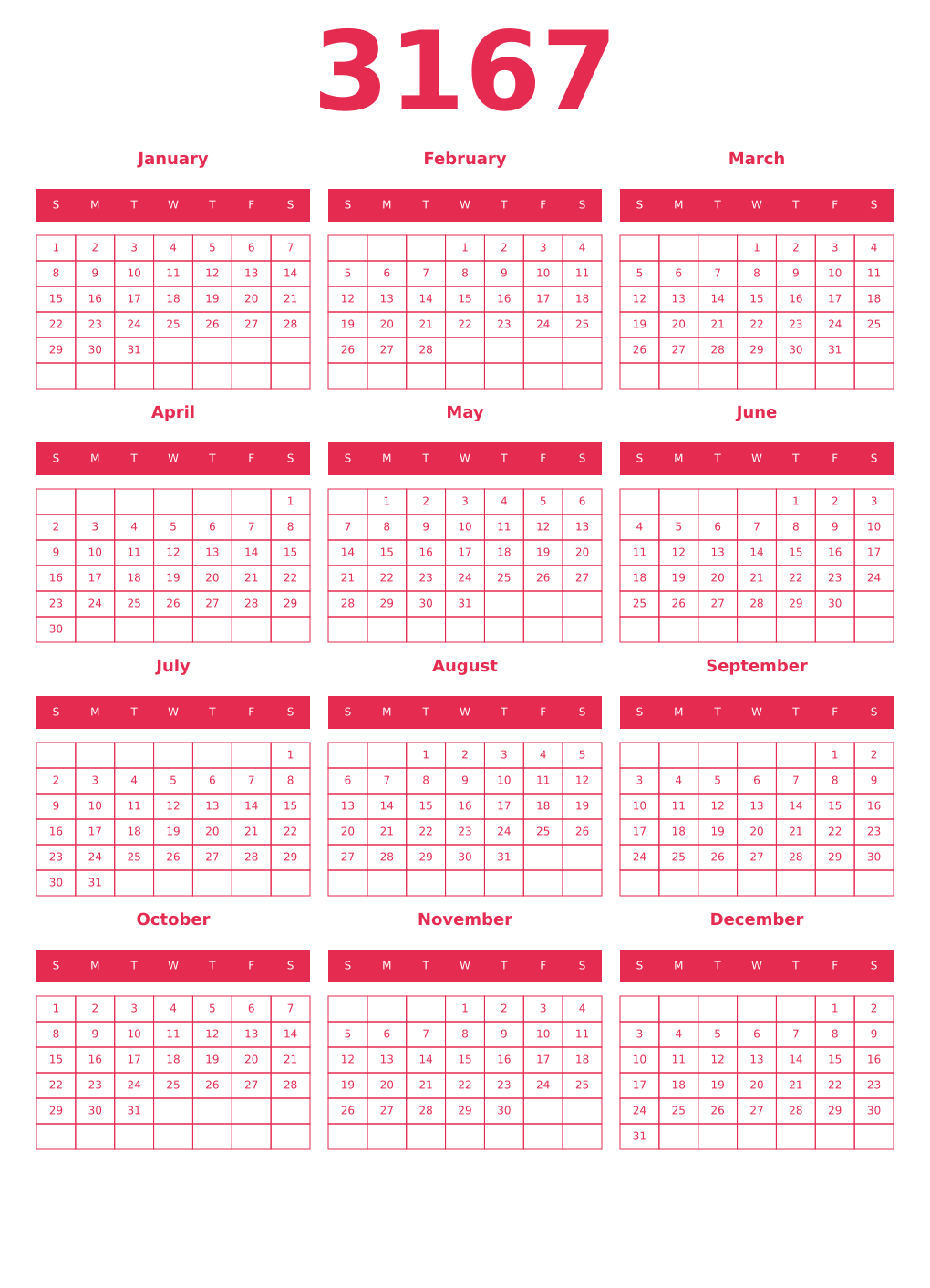 Printable 3167 Year Calendars amaranth