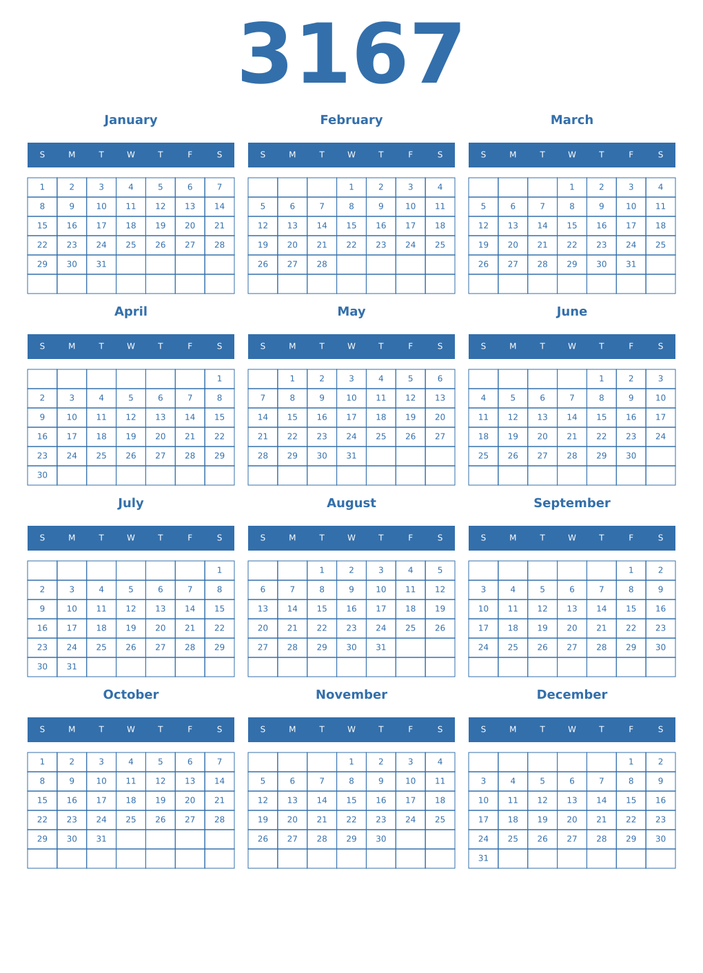 Printable 3167 Year Calendars blue