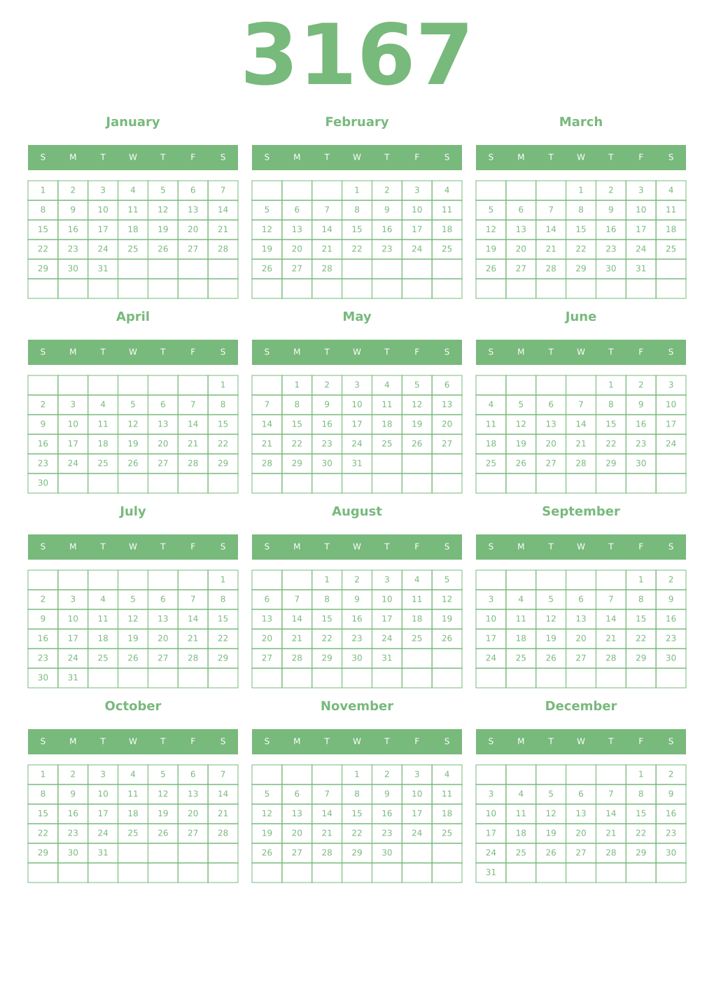 Printable 3167 Year Calendars celadon