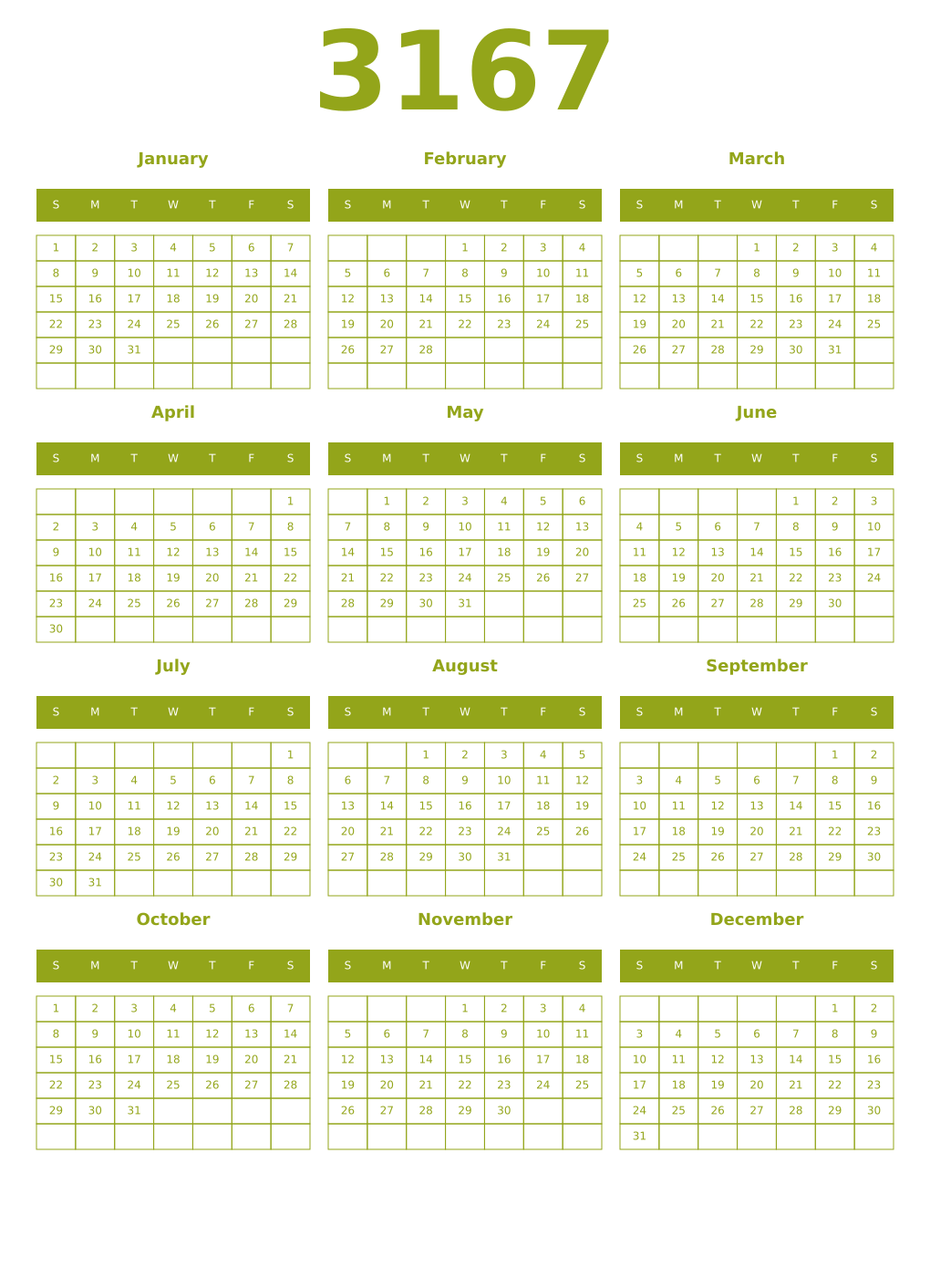 Printable 3167 Year Calendars chartreuse