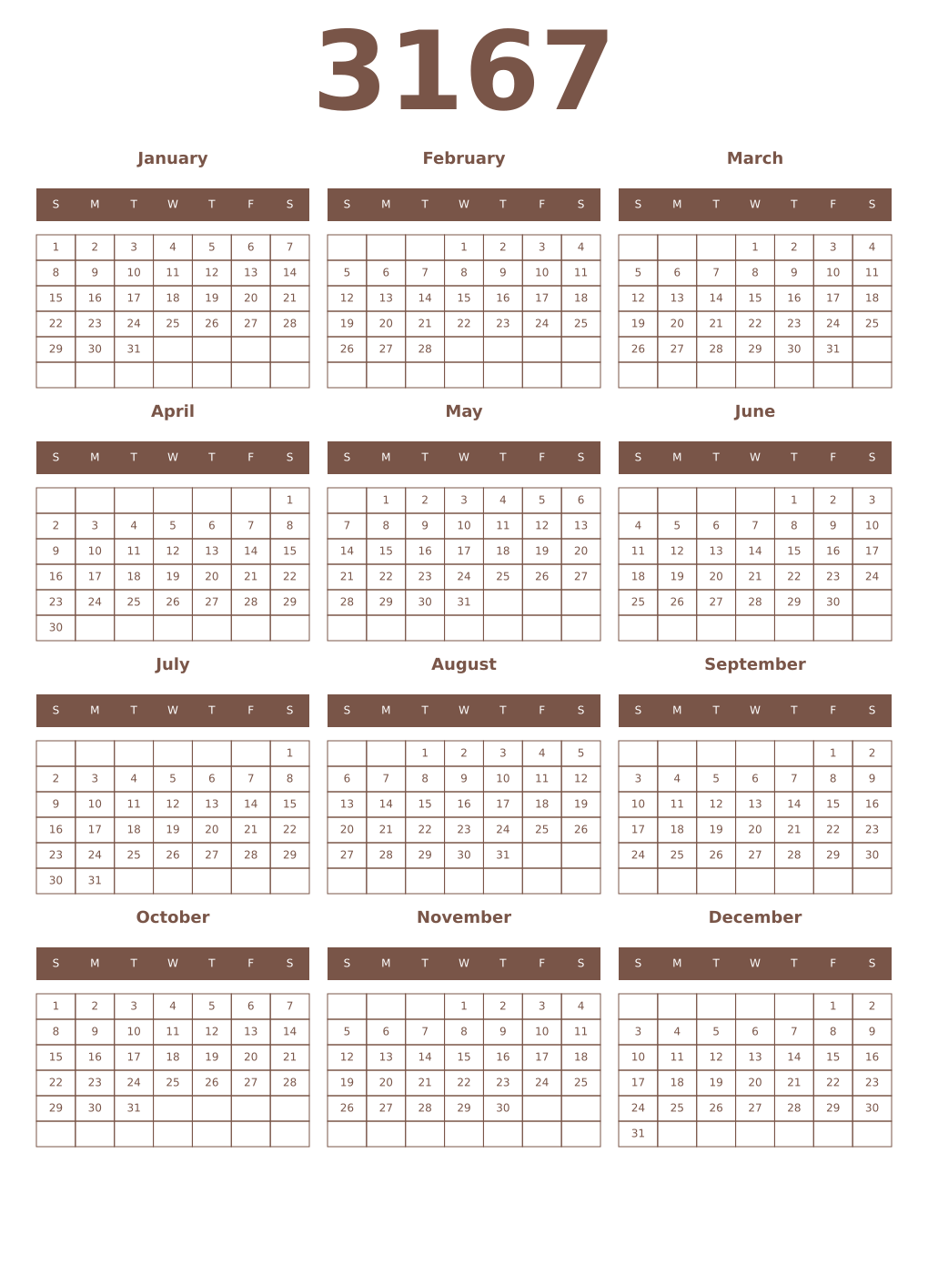 Printable 3167 Year Calendars coffe