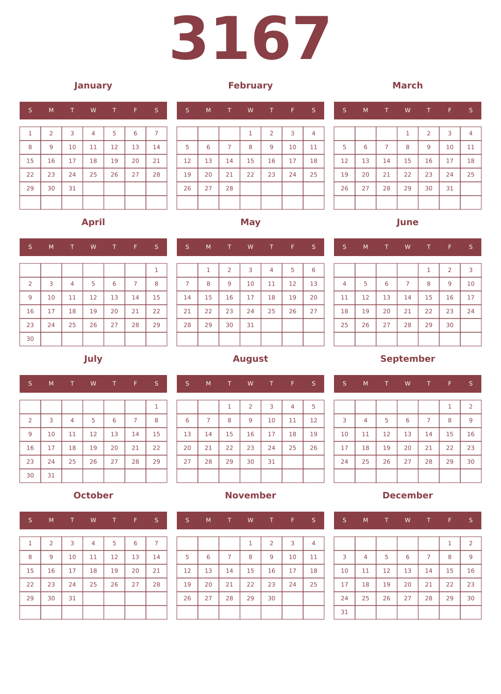 Printable 3167 Year Calendars cordovan