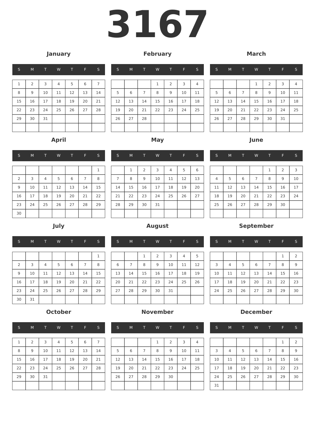 Printable 3167 Year Calendars dark