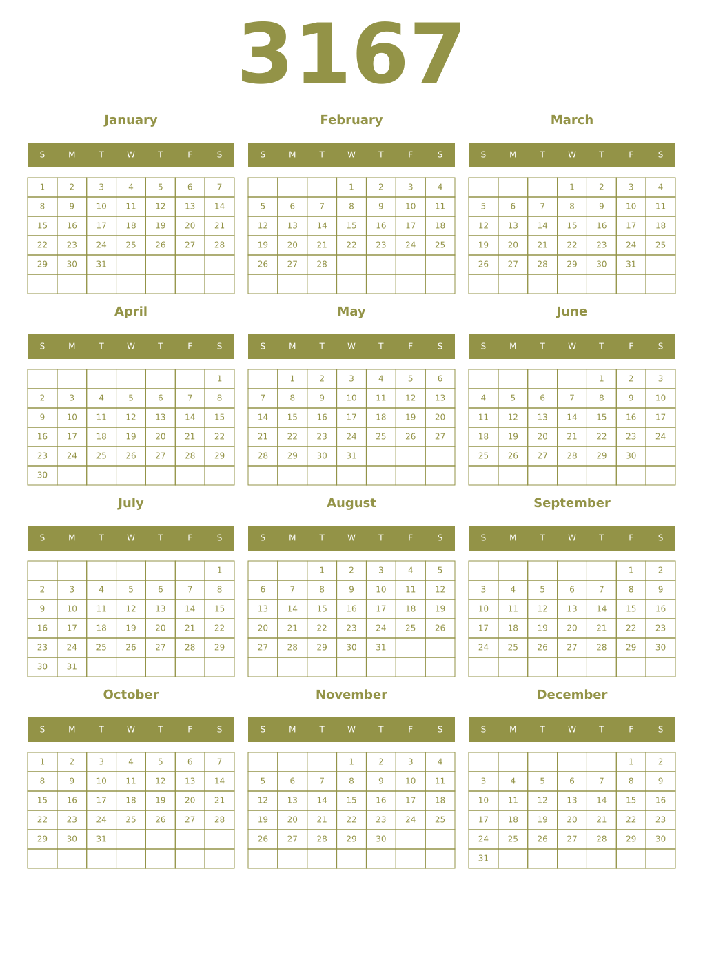 Printable 3167 Year Calendars eburnean