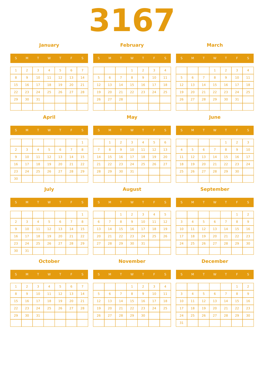 Printable 3167 Year Calendars gamboge