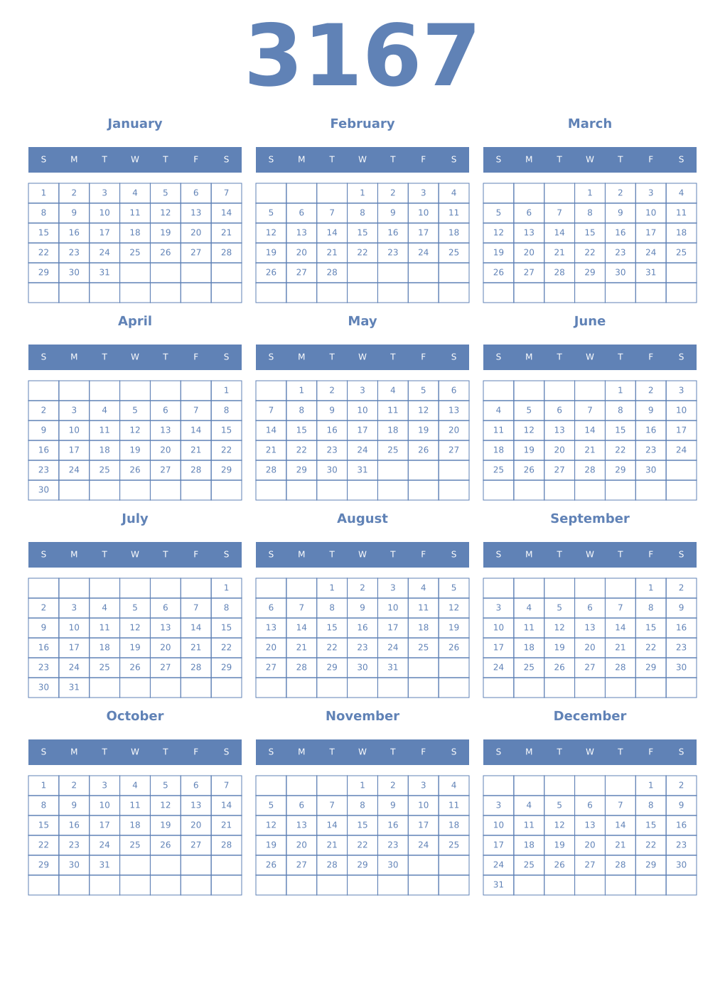 Printable 3167 Year Calendars glaucous