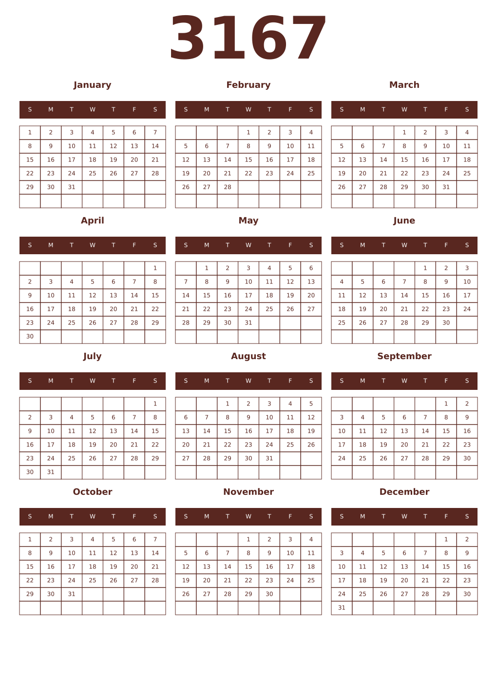 Printable 3167 Year Calendars mortuum