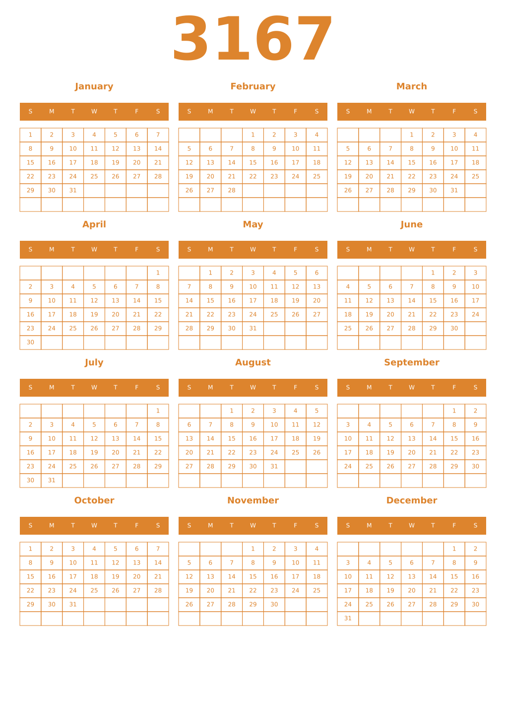 Printable 3167 Year Calendars orange