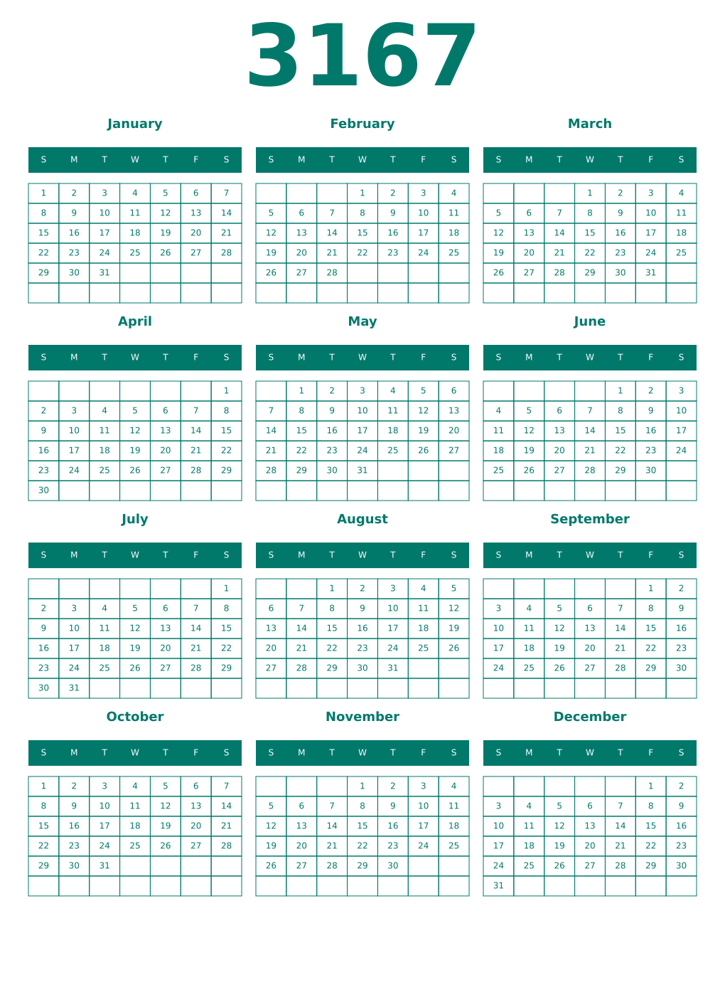 Printable 3167 Year Calendars pastel