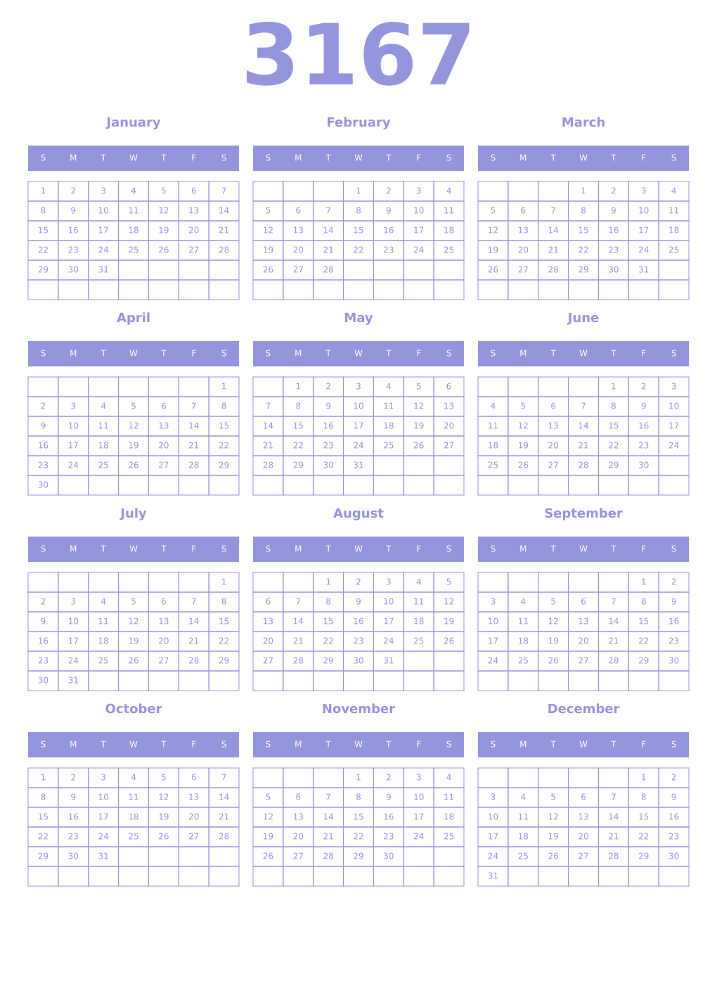 Printable 3167 Year Calendars periwinkle