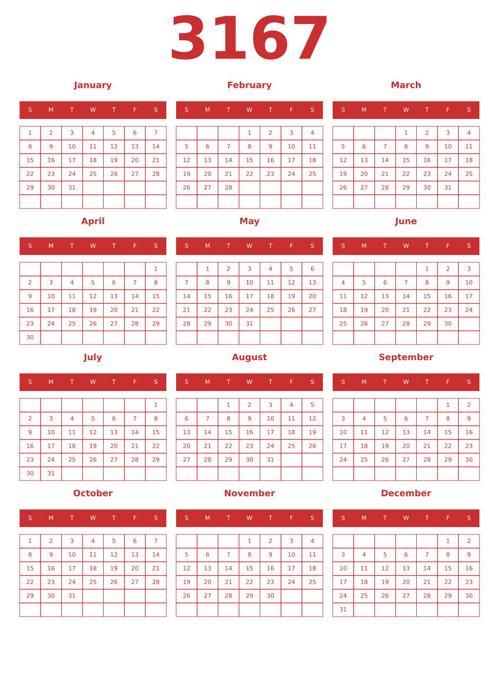 Printable 3167 Year Calendars red