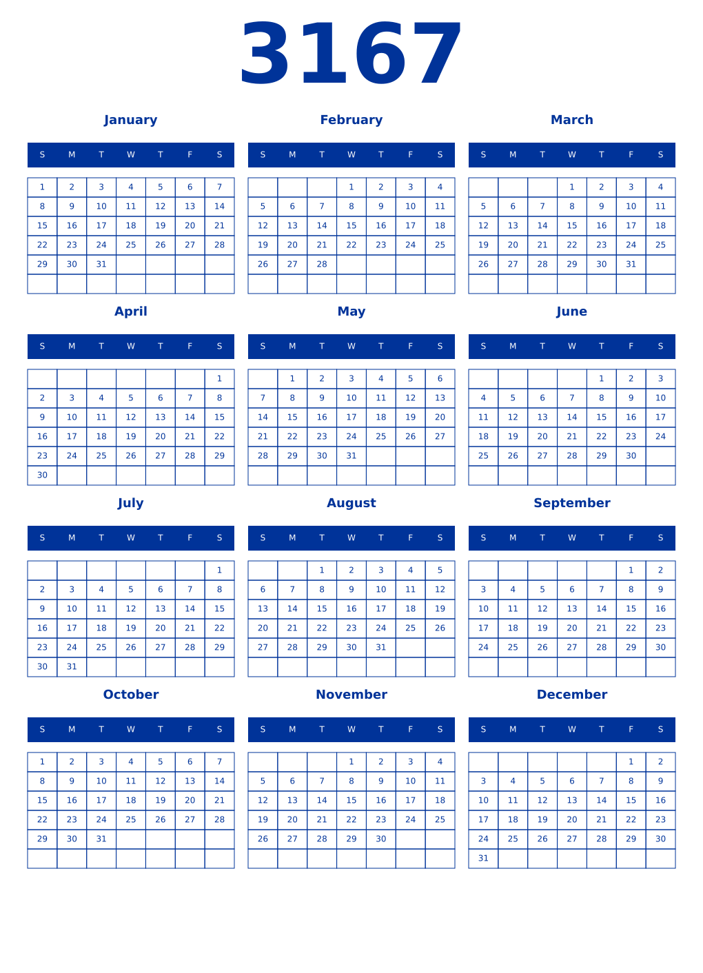 Printable 3167 Year Calendars smalt