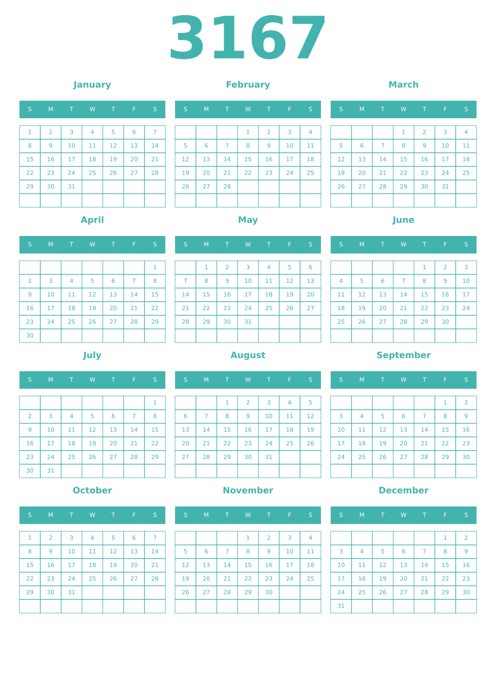 Printable 3167 Year Calendars verdigris