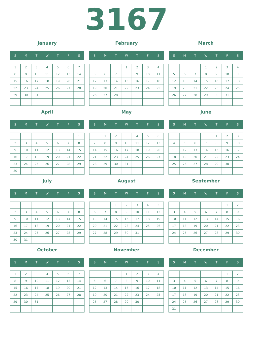 Printable 3167 Year Calendars viridian