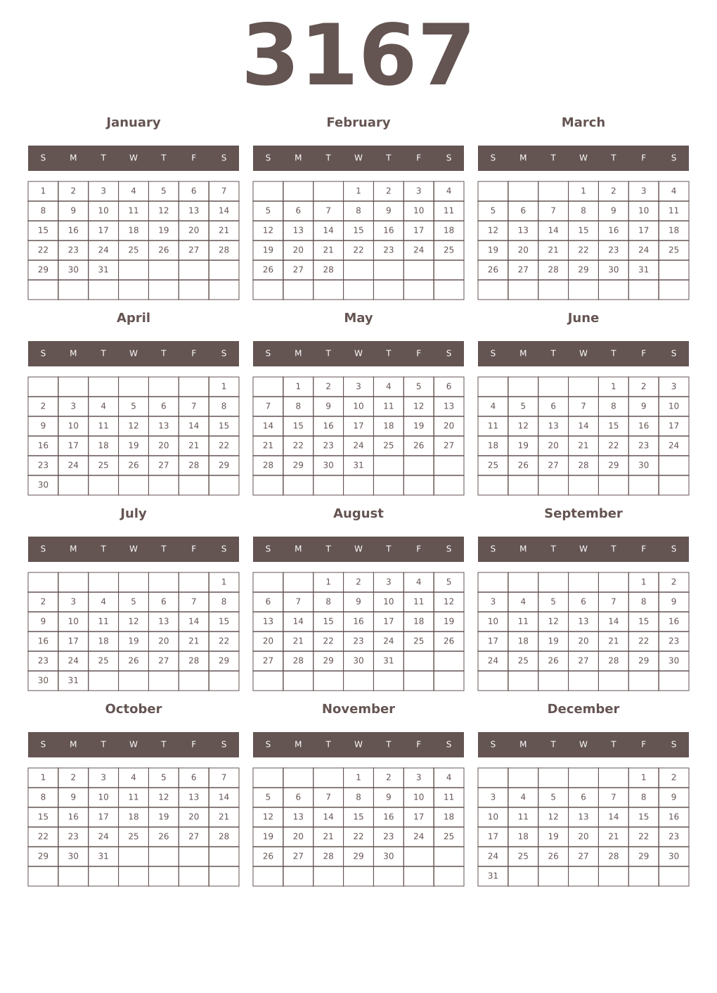 Printable 3167 Year Calendars wenge